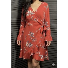 LE LIS Red Floral Print Wrap Dress with Ruffle Hem Bell Sleeves Size M