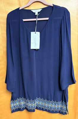 Magnolia Grace Women's S Regular Blue Sheer V-Neck 3/4 Sleeve Embroidered Blouse