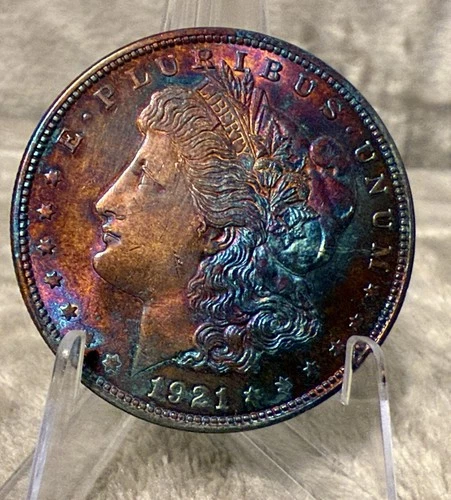 1921 MORGAN SILVER DOLLAR GEM BU PROOF LIKE RAINBOW TONED #2618