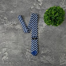 HUGO BOSS Men's Silk Tie Blue And Ivory Striped Pattern Luxury Designer