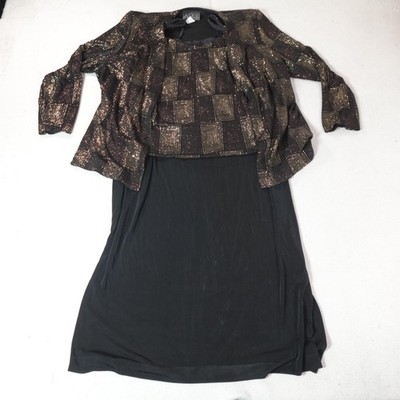 Alex Evenings Dress Jacket Set 18 W Black Gold 2 Piece Old Money Glam Disco