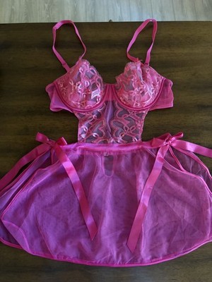 Victoria's Secret Sexy Padded Heart Embroidered Teddy Playsuit Set Pink NWOT 