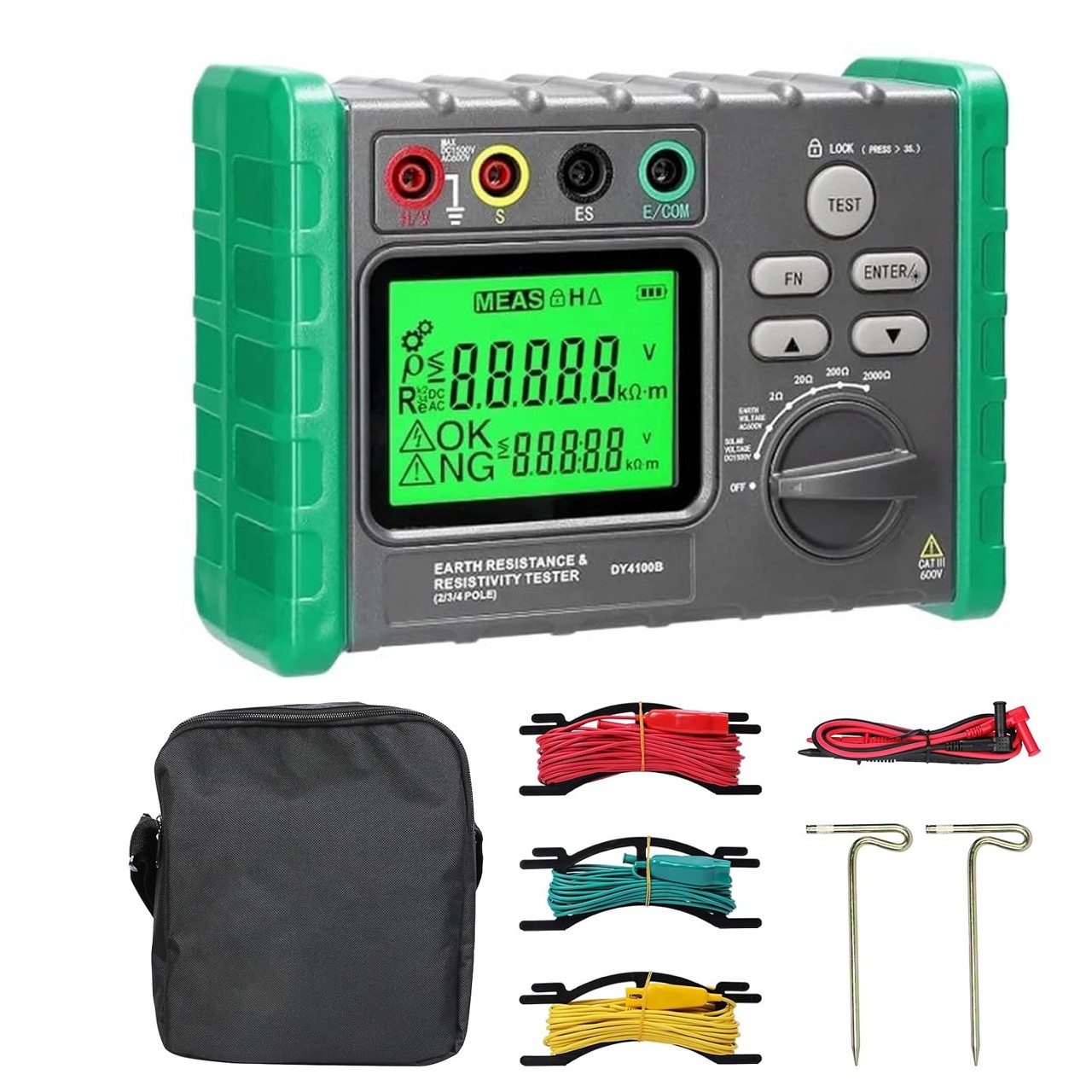 Soil Resistivity Tester 4-Point Wenner Meter Earth Ground Resistance 2000Ω AC/DC
