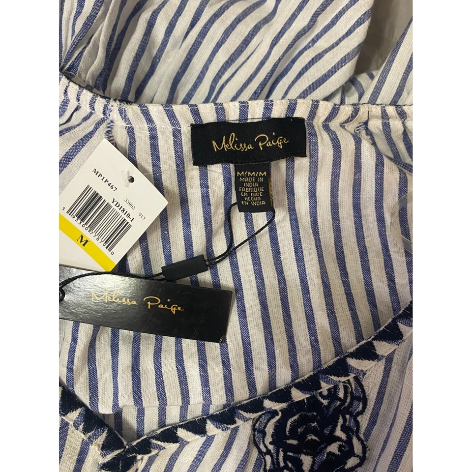 Túnica para mujer Melissa Paige M mezcla de lino azul a rayas en capas costera fresca boho Foto 4 de 4