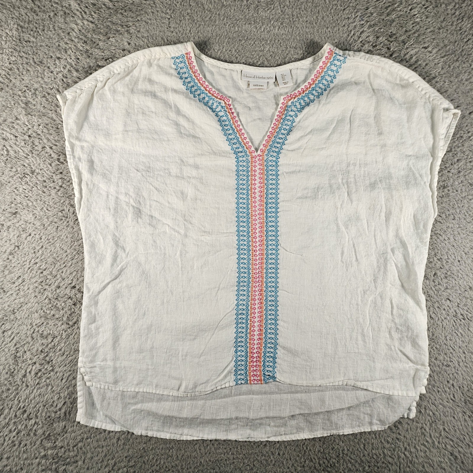 House of Harlow 1960 Top Womens L 100% Linen Flax V Neck Embroidered Beachy Boho