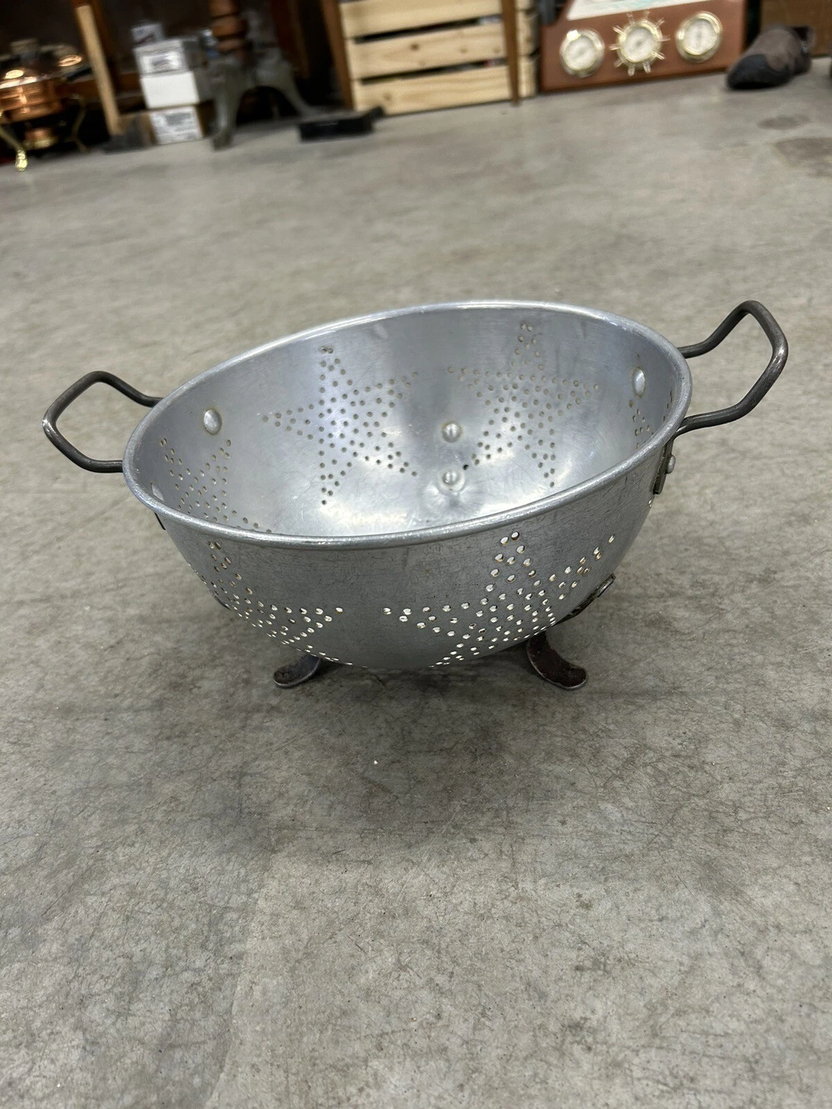 Vintage Strainer Aluminum Colander Star Design Two handles Farm Country Decor