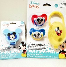 DISNEY BABY MICKEY MOUSE 2 PACIFIERS w/PACIFIER CASE  1 PACIFIER HOLDER. 0M 