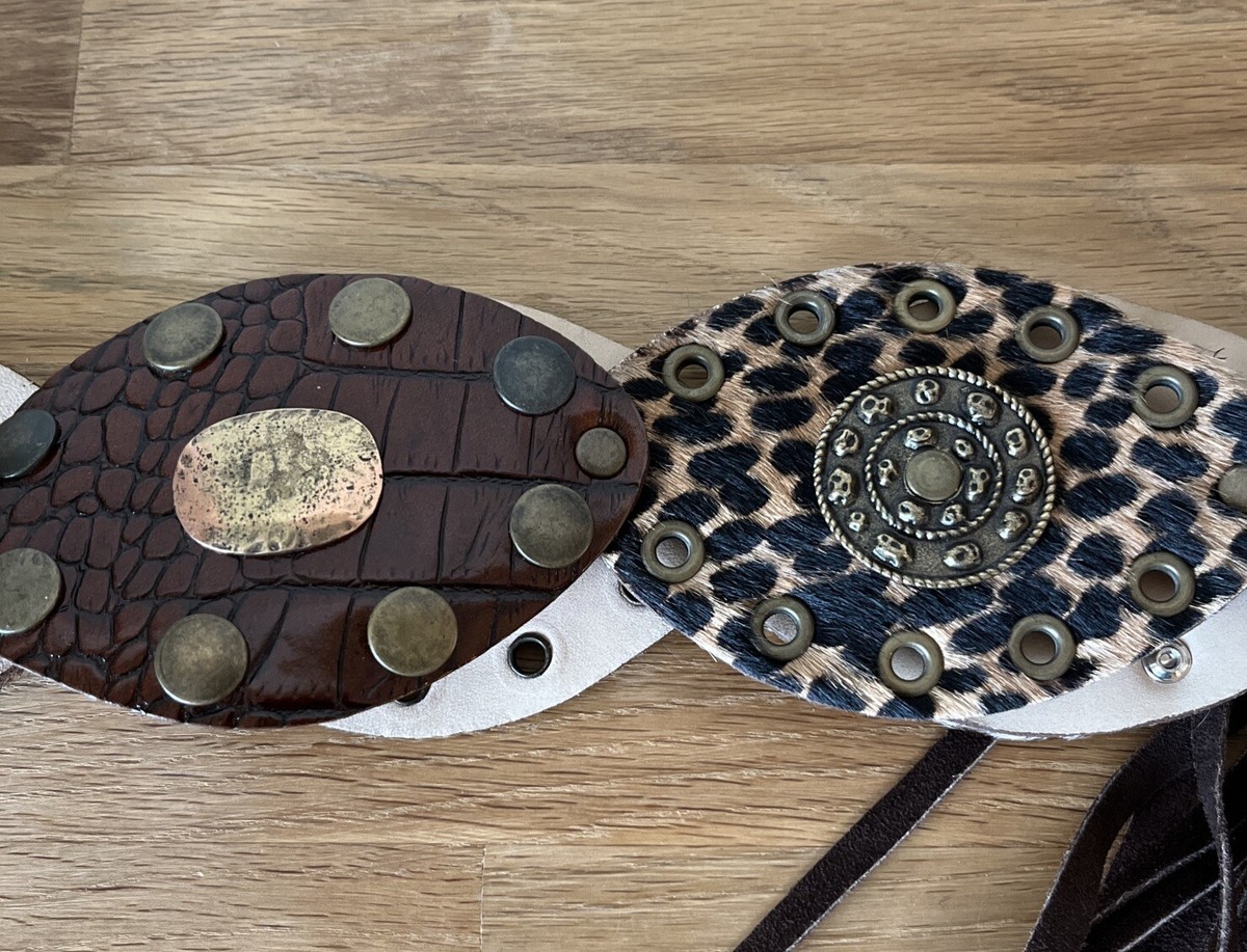 VTG Leatherock 2059 Stones Metal Rivets Leopard Print Leather Tassels Belt SZ 34 Leatherock 2059 Women main image 3