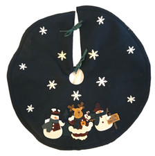 Vtg 21" Felt Appliqu  Christmas Tree Skirt Snowmen Green Reindeer