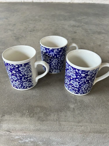3 Vintage Blue Calico Chintz Tea Coffee Mugs, Made in England No chips No Cracks