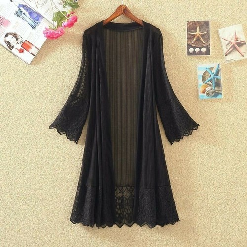 Women Lace Mesh Sheer Long Duster Coat 