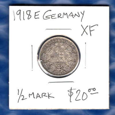 GERMANY - BEAUTIFUL HISTORICAL SILVER 1/2 MARK, 1918 E (GTREA DATE!) , KM# 17