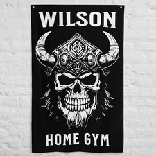 Custom Gym Flag - Viking Skull Weightlifting Banner - Home Gym Decor