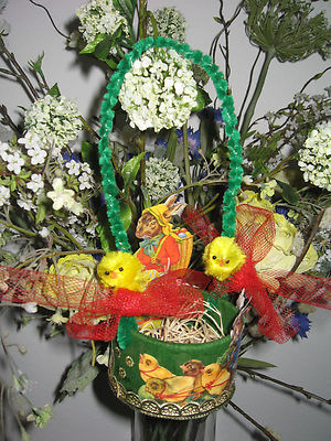 W91) OSTER-CANDY-CONTAINER MIT HASEN GLANZBILDER DRESDNER PAPPE OSTERSCHMUCK 