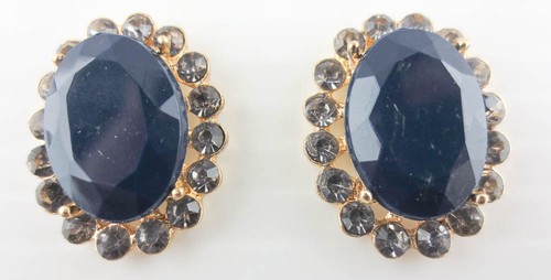 Goldtone Silver/Matte Navy Blue Oval Rhinestone Stud Earrings 1 Inch | eBay