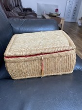 Vintage Woven Raffia Sewing Box Basket With Red Fabric Lining