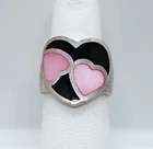 Vintage 925 Silver Heart-Shaped Ring Pink Shell MOP and Black Onyx Inlay Size 6