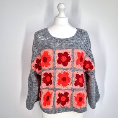 Handmade Crochet Jumper Granny Square Orange Neon Chunky Knit Floral One Size