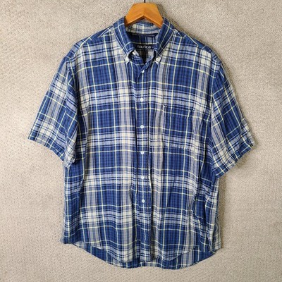 Vintage Nautica Shirt Men L Blue Yellow Plaid Button Up Linen Blend Short Sleeve