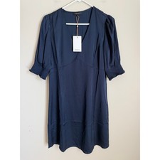 NWT Quince Silk Dress Women Size S Navy Blue V-Neck Puff Sleeve Washable Silk