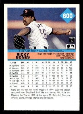 1992 Fleer Ricky Bones San Diego Padres #600