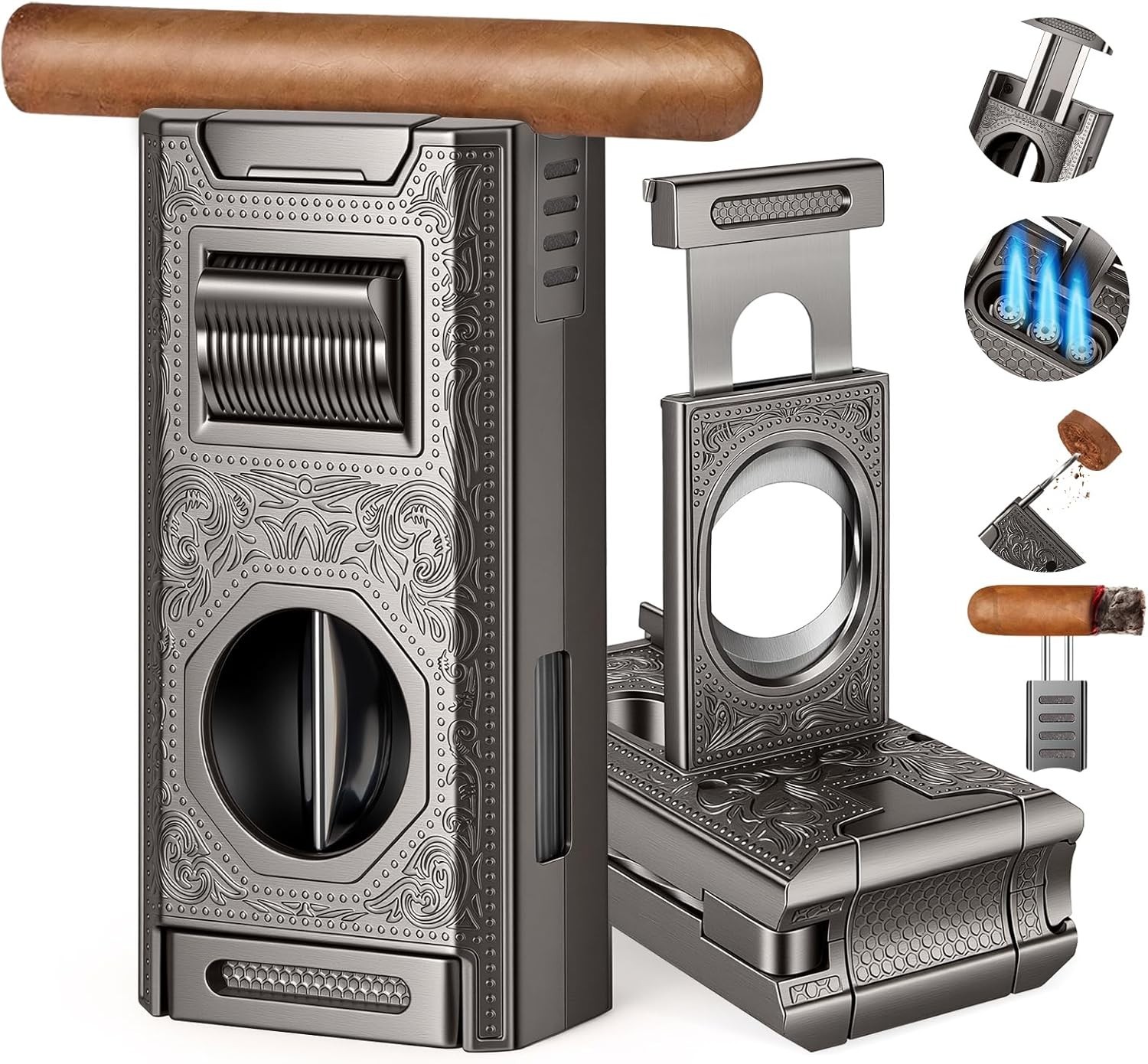 3 Jet Flame Cigar Lighter With Cigar Cutter V Cut Cigar