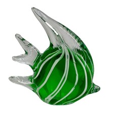 Murano Style Green & White Art Glass Fish Figurine – Hand Blown – 5.25” Tall