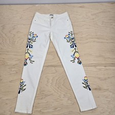 Womens Zara Basic Z1975 White Jeans Floral Embroidery Design Size 6 Inseam 28