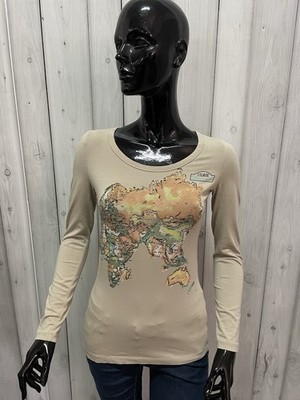 Damen Shirt Geo Map Größe 42 Long Sleeve Top Beige Strass Alviero Martini