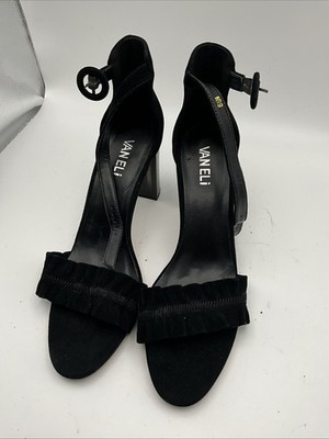 Vaneli Black Suede Ruffle Ankle Strap Block Heel Sandals 8.5 N