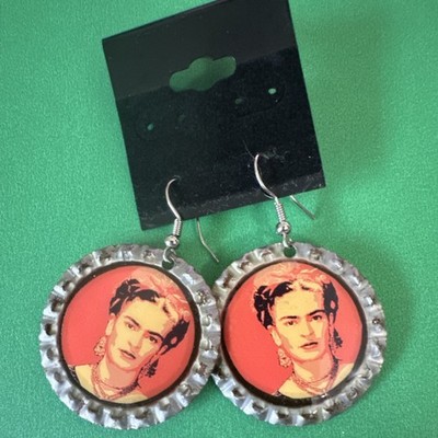 Handcrafted Frida Kahlo Bottle Cap Dangle Earrings Retro Art Jewelry