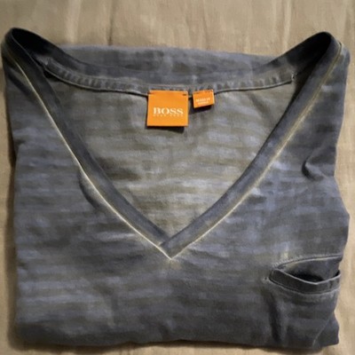 BOSS HUGO BOSS Gray Striped V-Neck Short Sleeve Logo Men's T-Shirt Size M