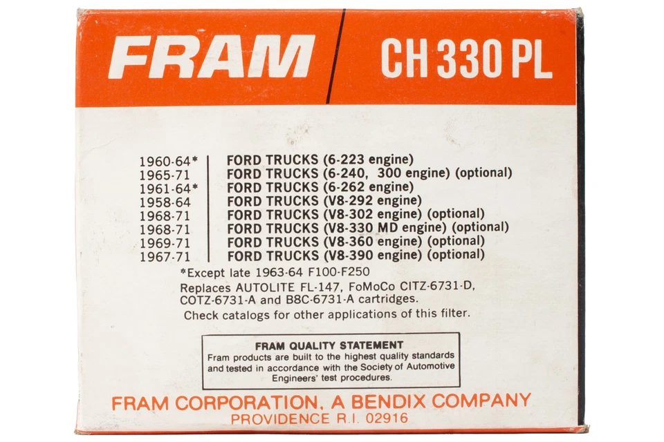 Масляный фильтр FRAME подходит для пикапов Ford серии F 1965-1973 годов выпуска L6 3,9 номер модели CH330PL - Изображение 4 из 4
