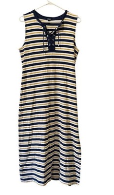 Chaps Women Size Large Sleeveless Dress Lace Neck Striped Cotton Nautical Beach