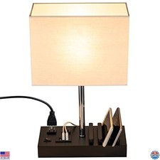 Briever Enhanced 3-USB Table Lamp with 2 USB Ports, 2 AC Outlets  Wooden Stand