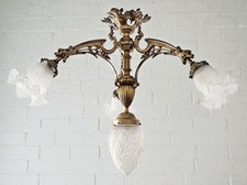 Tolle Gründerzeit Deckenlampe aus Bronze mit 4 Milchglas Schirmen um 1890