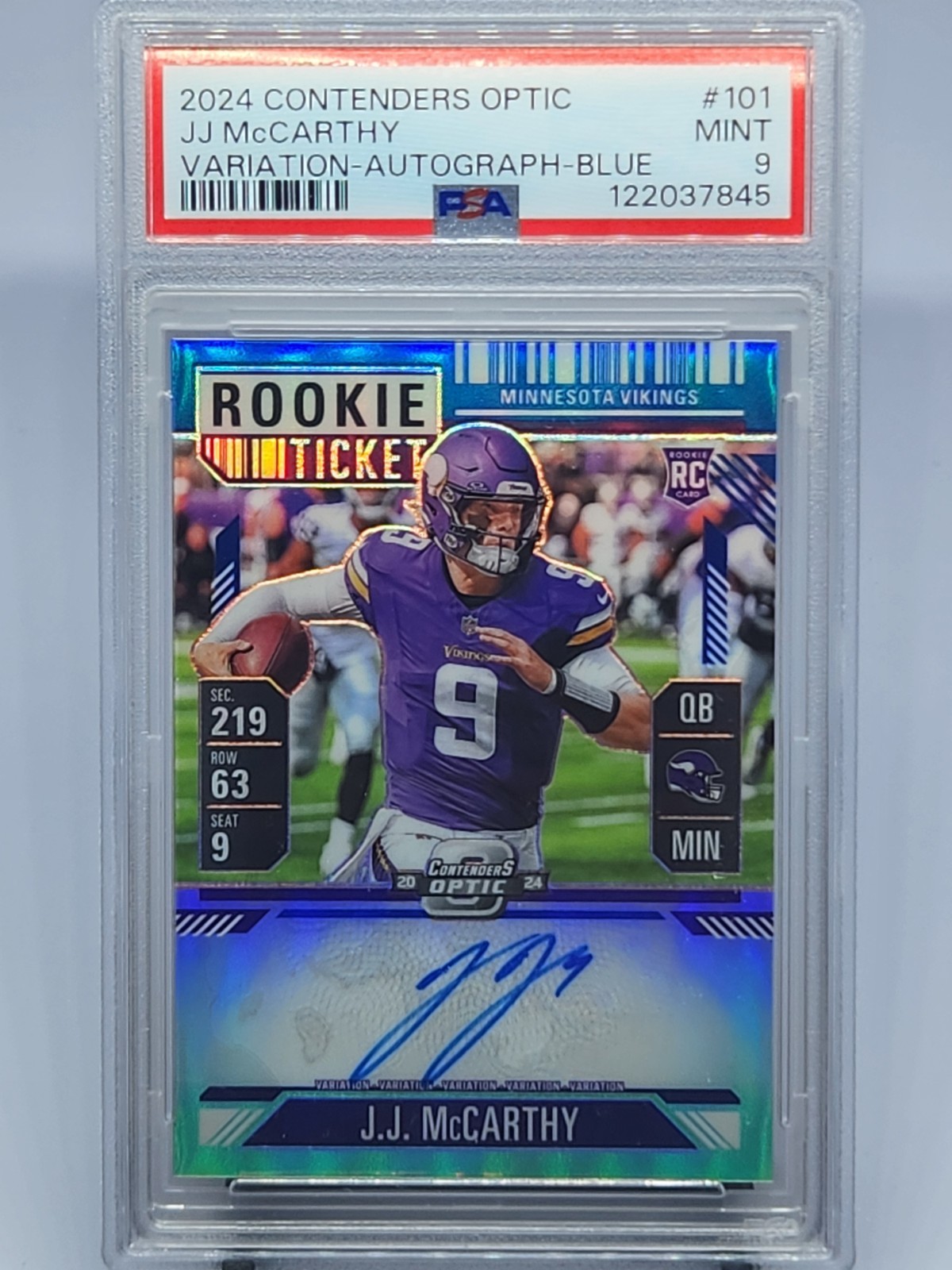 2024 Contenders Optic J.J. McCarthy Rookie Ticket Auto Variation Blue /50 PSA 9