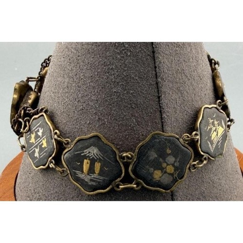 Vintage Amita Japanese Damascene Panel Bracelet Black Gold Silver Inlay 7.5"