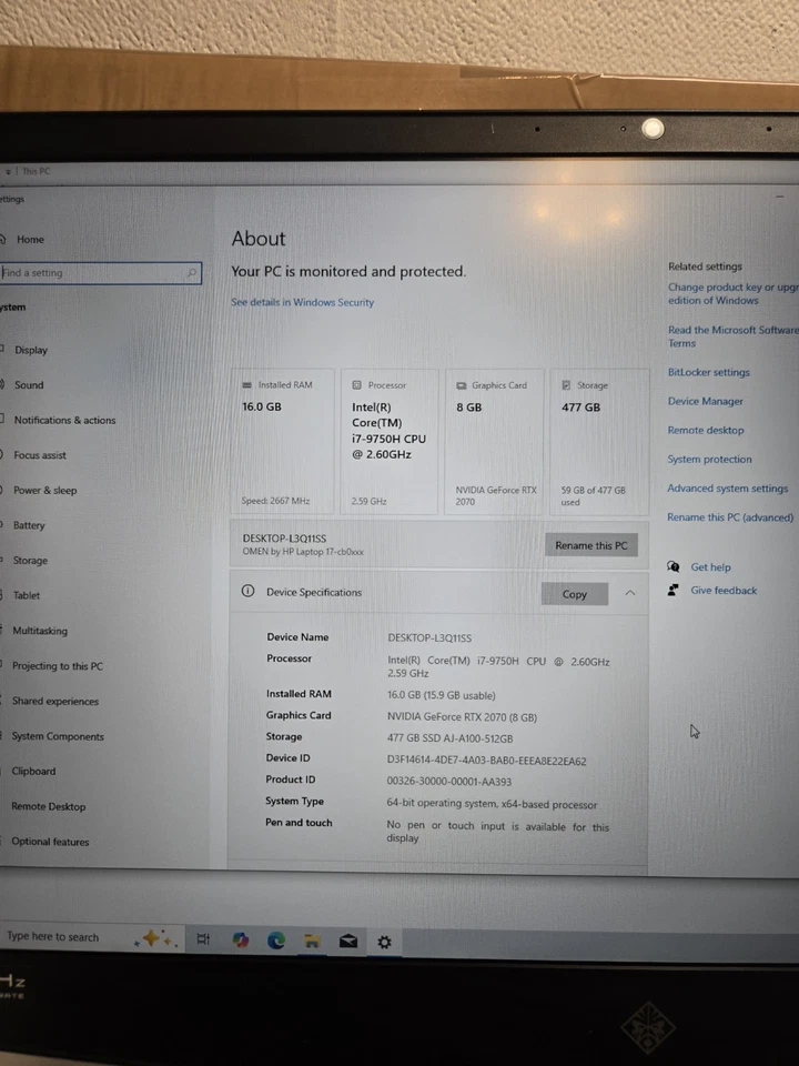 HP OMEN Gaming Laptop/ Intel Core i7/16 Gig Ram/ 512 Ssd/ 8gig Graphic Card - Image 3 of 4