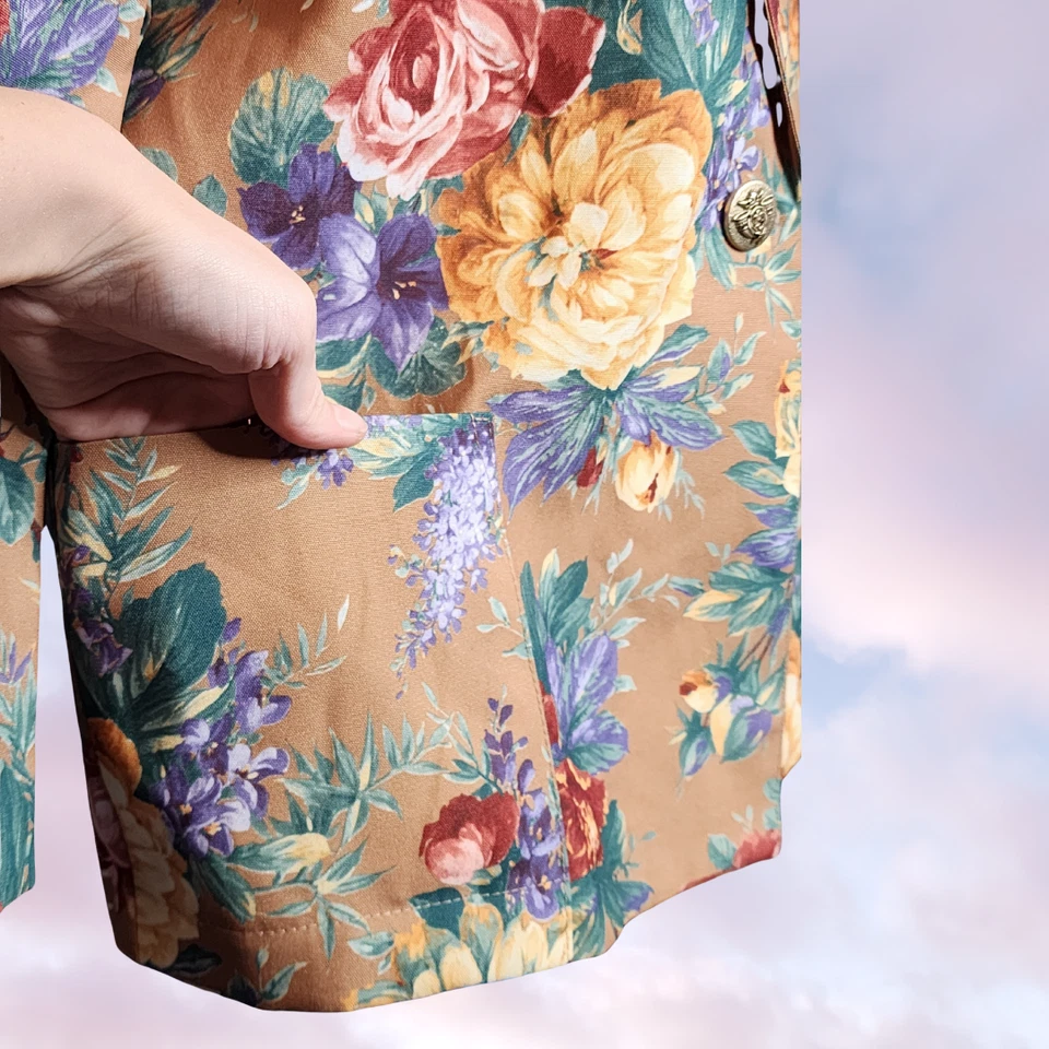 Винтажный блейзер 90-х Haband цветочный желтовато-коричневый цветочный цветок деловой официальный свадебный танец M - Изображение 4 из 4