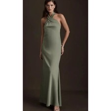 BHLDN Ruby Twist Halter Satin Gown 8 Moss Green Backless