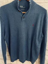 Polo Ralph Lauren Mens Blue Marled Knit Cotton Button Mock Neck Sweater Sz XL