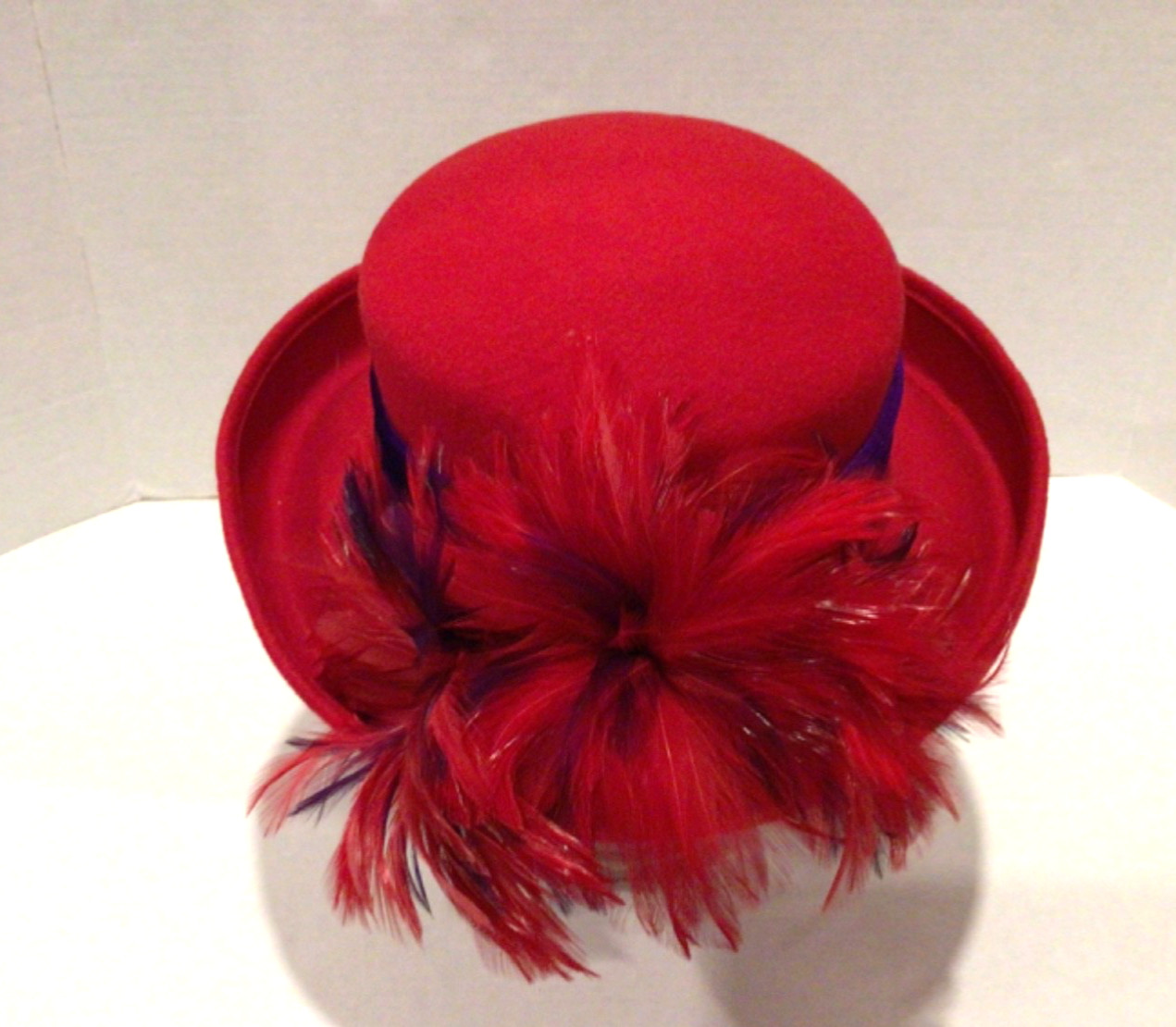 Something Special Womens Red Hat Wool with Purple Trim and feathers