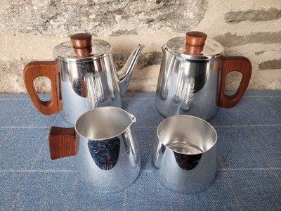 4-teiliges Vintage SONA Tee-/Kaffeeservice Edelstahl & Teak Stratford Upon Avon