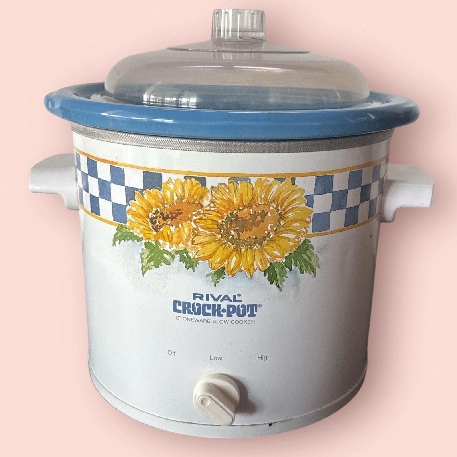 Vtg Rival Crock Pot 3150 3.5 Quart Sunflower White Blue Checker Slow Cooker Lid
