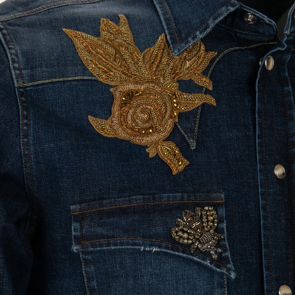 DOLCE & GABBANA Goldwork Rose Crystal Bees Denim Jeans jacket Shirt Blue 39 S - Image 2 of 4