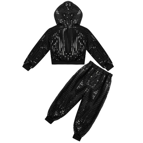 Kids Girls Boys Jazz Hip Hop Dancing Outfit Shiny Hooded Top Pants Set Dancewear - Picture 15 of 23