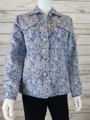 Drapers & Damons Womens Jacket Sz S Blue w/ Silver Print 4 Pockets Long Sleeve 