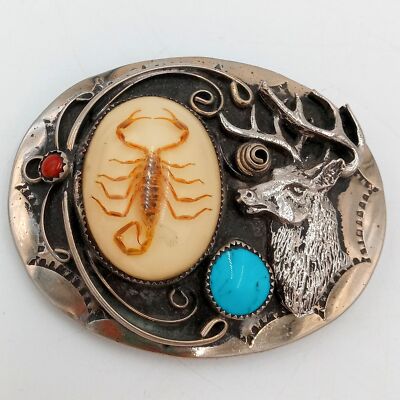 Scorpion Deer Belt Buckle Turquoise Coral Elk Cowboy Native