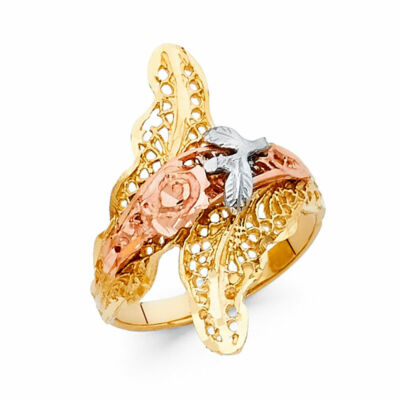 14k Real Solid Tricolor Gold 25 mm Flower Ring Anillo Flor Oro Solido